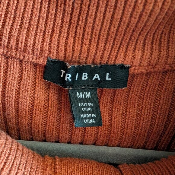 Tribal 100% Cotton Ribbed Knit Sweater Rust  Brown & White Stripe Medium Preppy - Picture 7 of 9